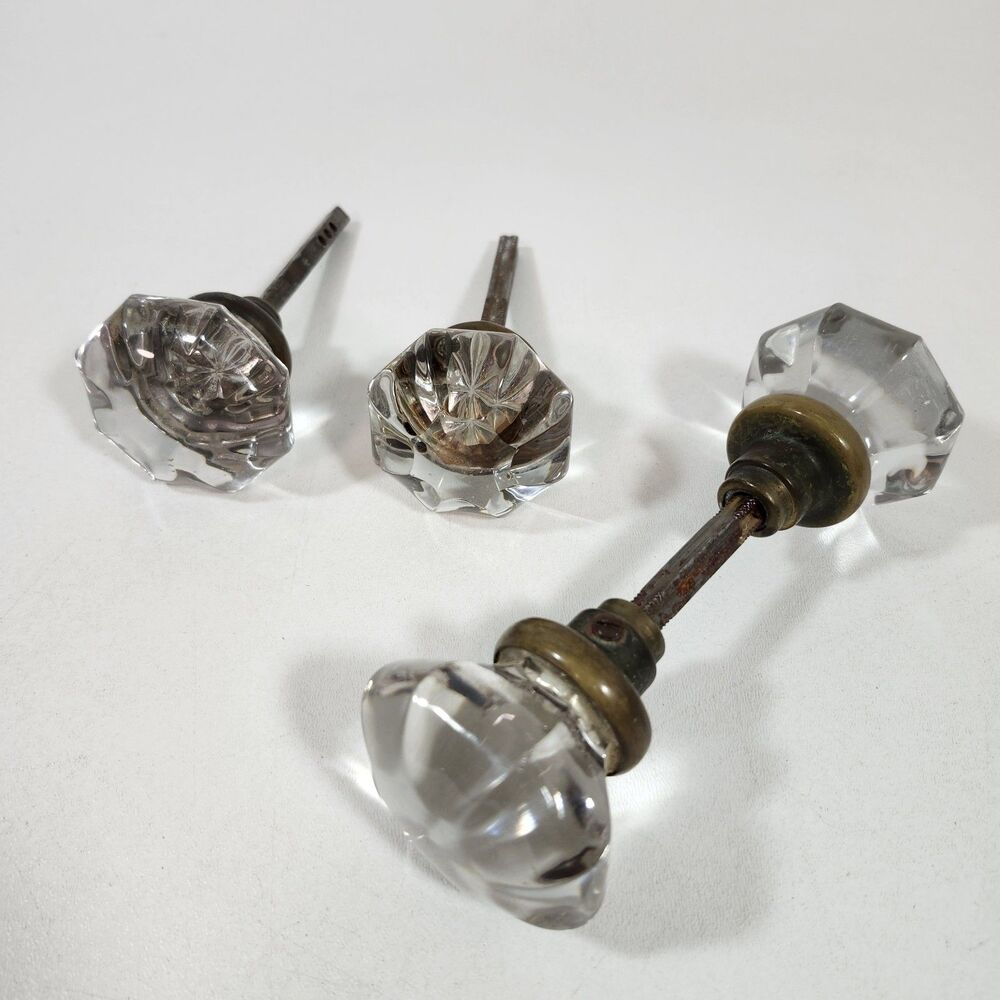 Glass Door Knobs 8 Point Octagon Shape Brass Vintage 1913 Antique Handle Spindle